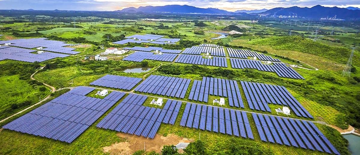 aerial view of a large solar farm